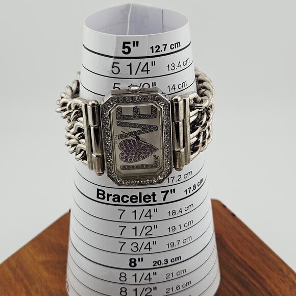 Y2K Guess Rhinestone Love Bling Watch Silver Tone Chain Link Wide Bracelet Band - Picture 7 of 8